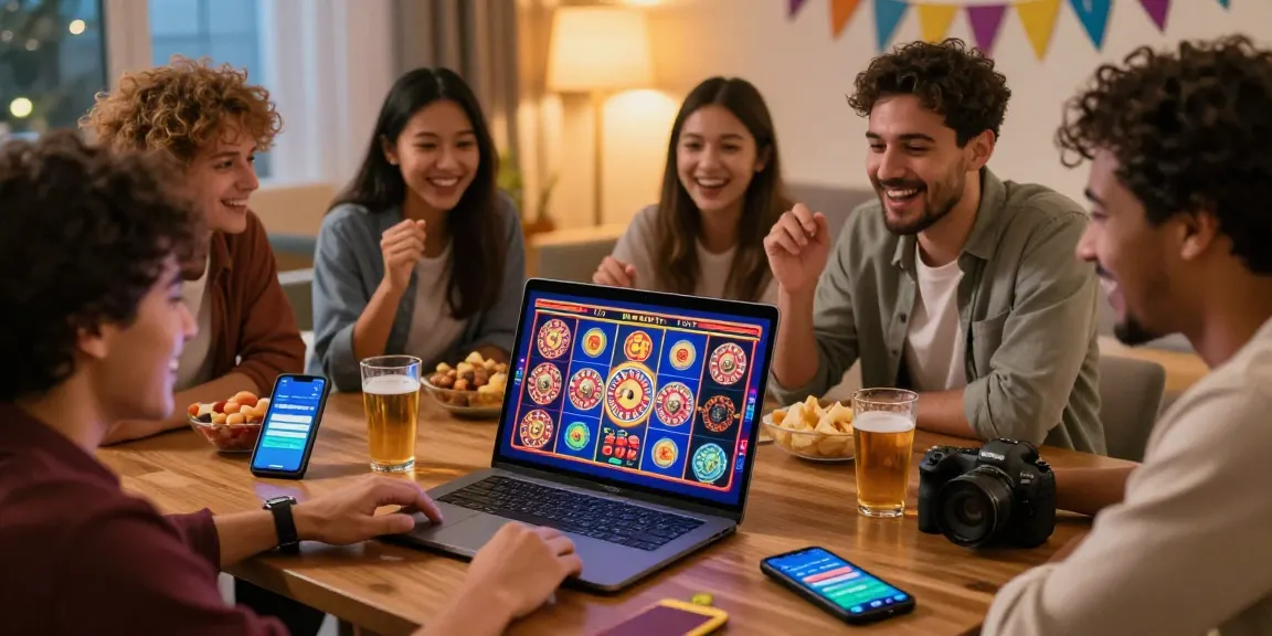 Joueurs s'amusant ensemble à un casino en ligne sans dépôt, ambiance festive et chaleureuse.