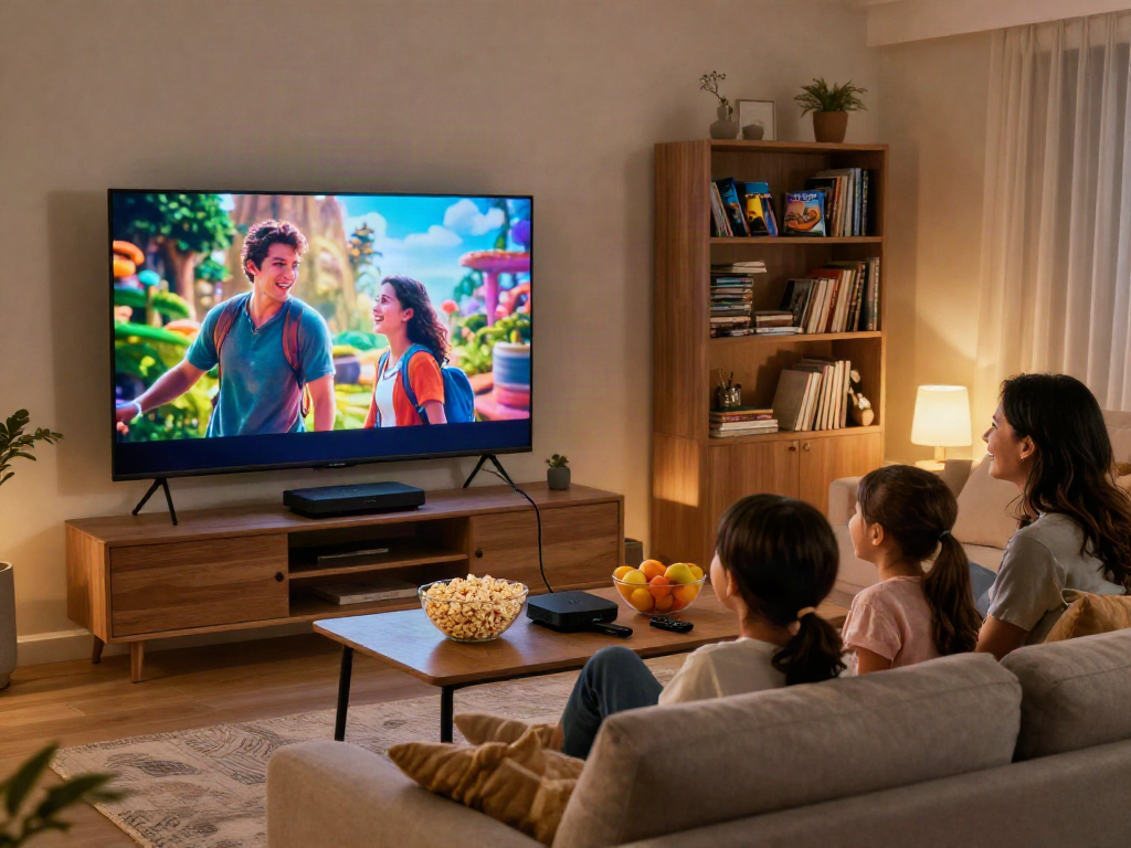 Moment de divertissement familial avec Iron tv dans un salon chaleureux, parents et enfants regardant un film.