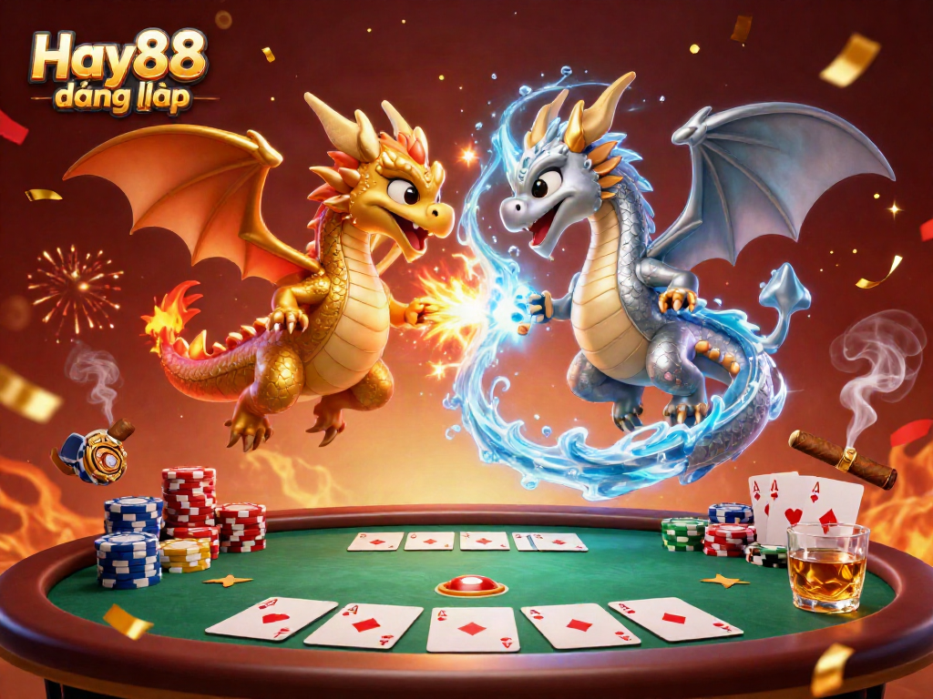 Experience Hay88 đăng nhập with golden and silver dragons amid a thrilling poker scene.