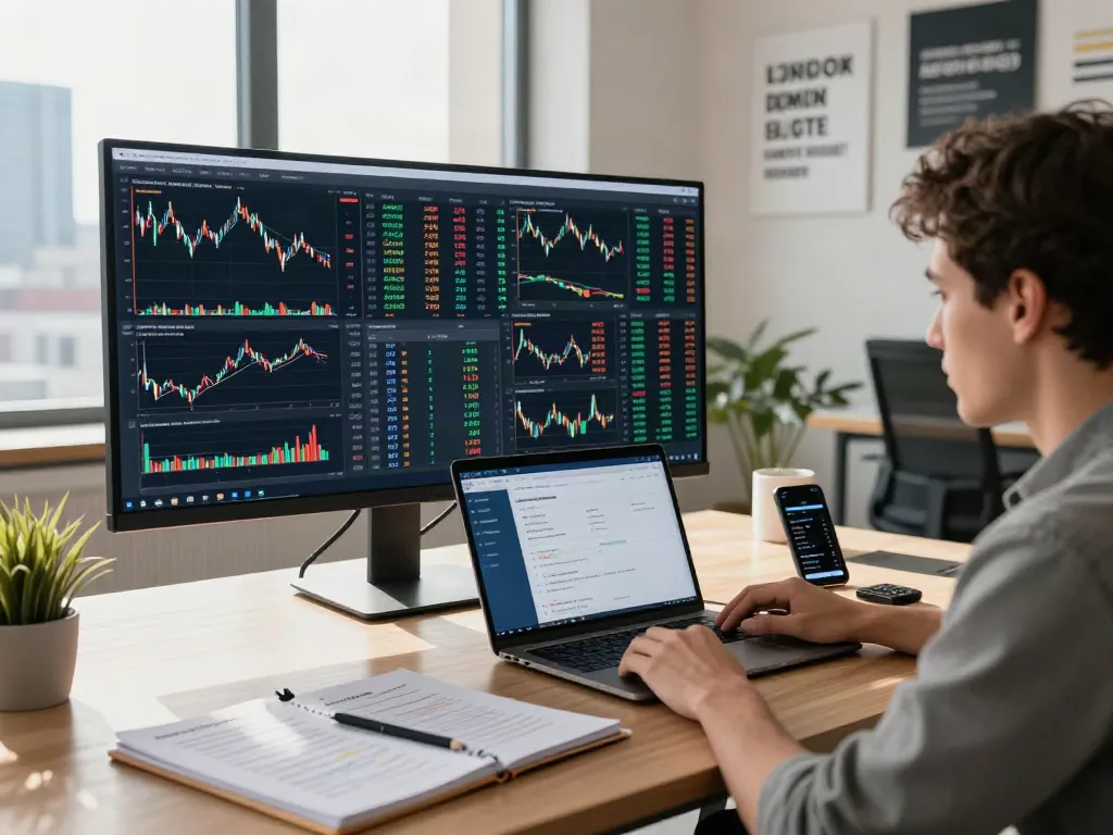 Analyse des marchés sur Couponeau dans un bureau moderne avec écran et note.
