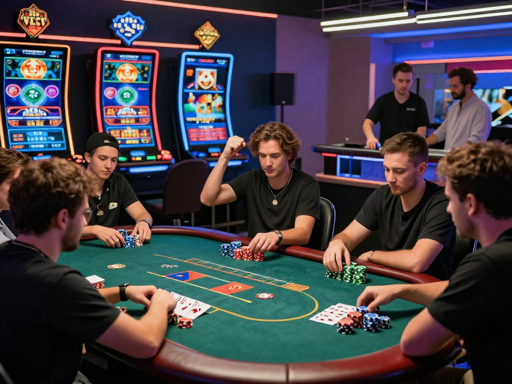 Ambiance de casino en ligne avec joueurs engagés autour d'une table de poker et des lumières colorées.