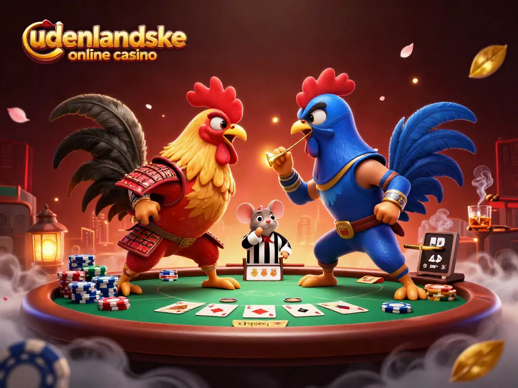 Engage with udenlandske online casino excitement featuring dramatic roosters in combat amid poker elements.