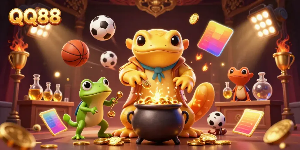 Experience QQ88's vibrant casino world with a golden salamander alchemist, dynamic sports elements, and rich details.