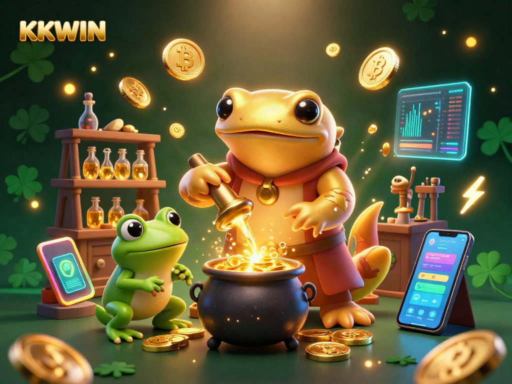 KKWIN spins winning jackpots in a vibrant 3D casino scene with gold elements.