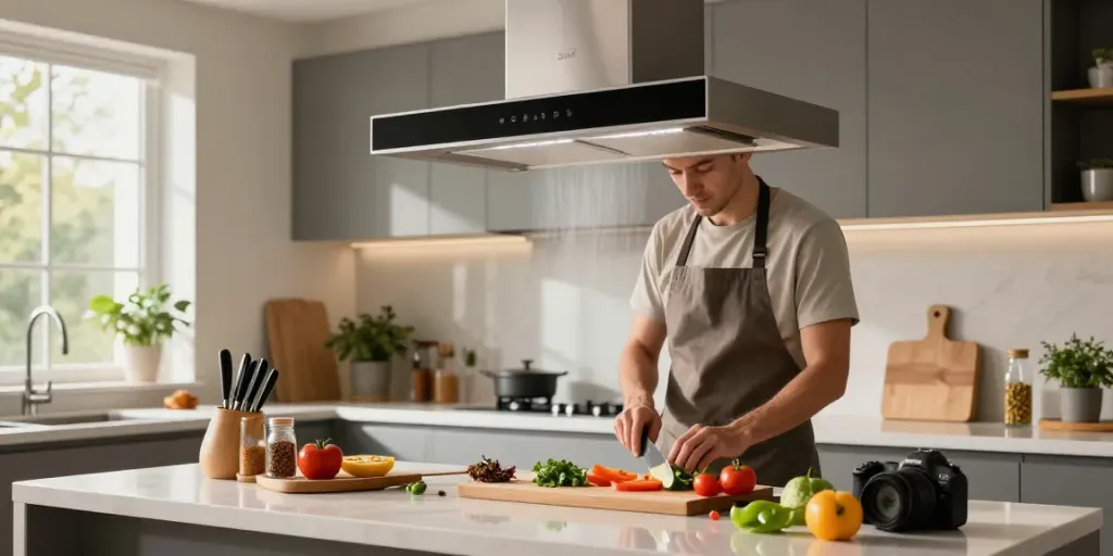 Hotte aspirante sans évacuation installée dans une cuisine moderne, mélange de design et d'efficacité.