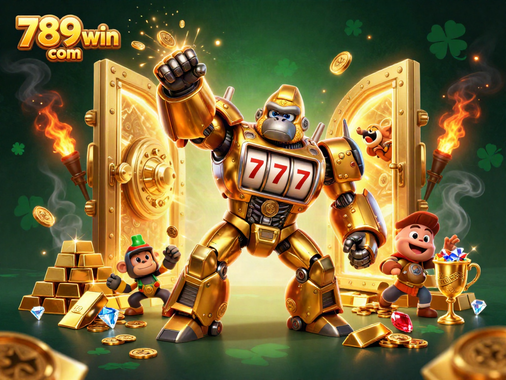 Experience the thrill of 789win com with a vibrant 3D gorilla mech amidst an explosion of coins and treasures.