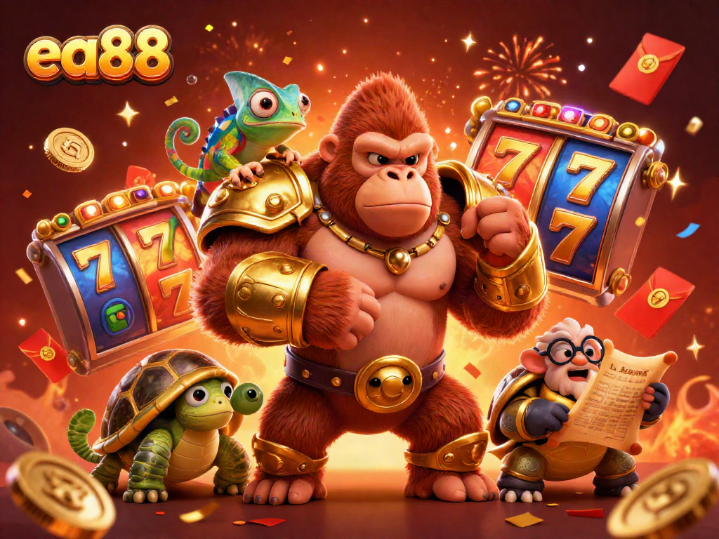 Spin the slots and win big with ea88, showcasing a vibrant 3D casino scene alive with action.