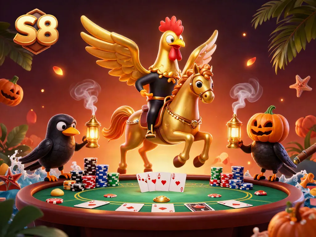 Engage in the thrill of S8 with a golden rooster and spectral horse amidst vibrant casino elements.