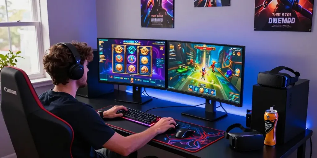 Gamer menikmati sesi permainan situs gacor di meja modern dengan monitor berwarna cerah.