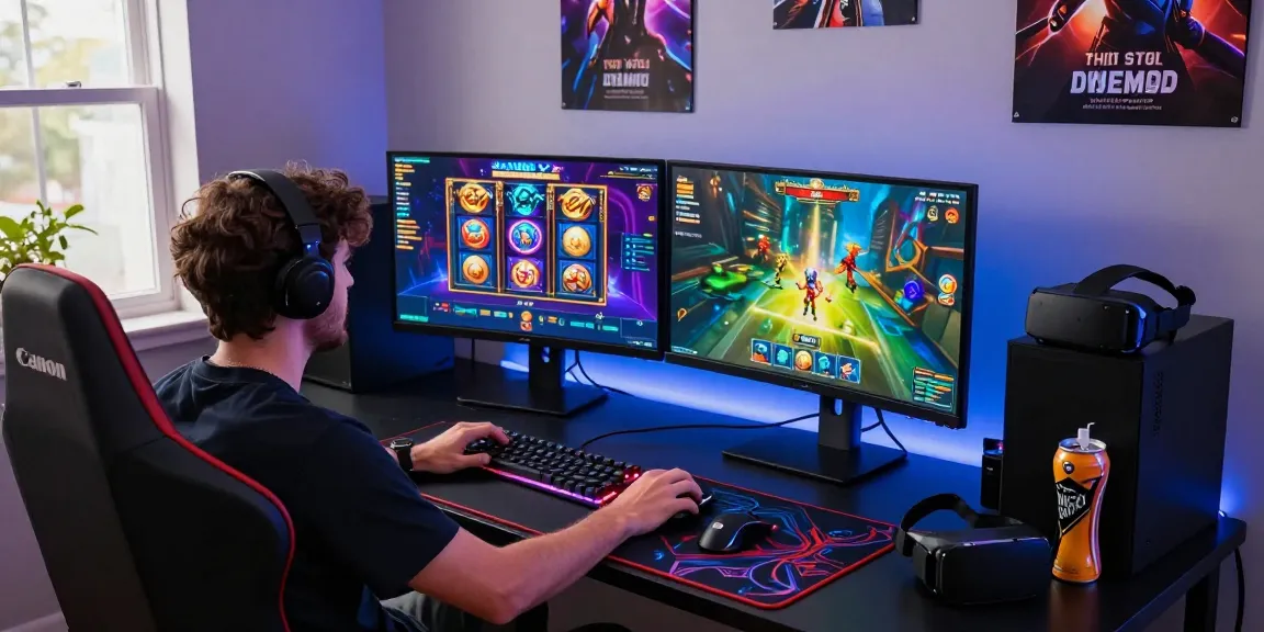 Gamer menikmati sesi permainan situs gacor di meja modern dengan monitor berwarna cerah.