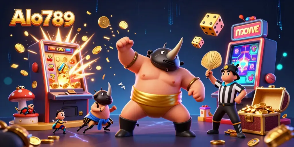 Alo789 showcases a dynamic scene with a rhinoceros beetle sumo champion and a slot machine explosion, creating a vibrant casino environment.