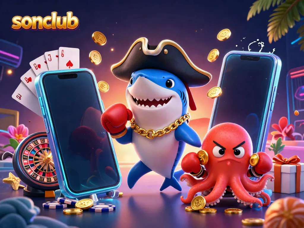 Experience thrill with sonclub as a pirate shark, pufferfish, and octopus at a vibrant casino.