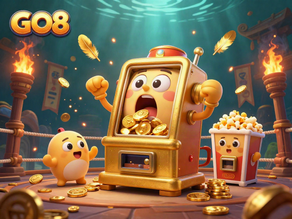 Win big at GO8 with a cartoon slot machine hitting a jackpot amidst gold coins and cheering friends.