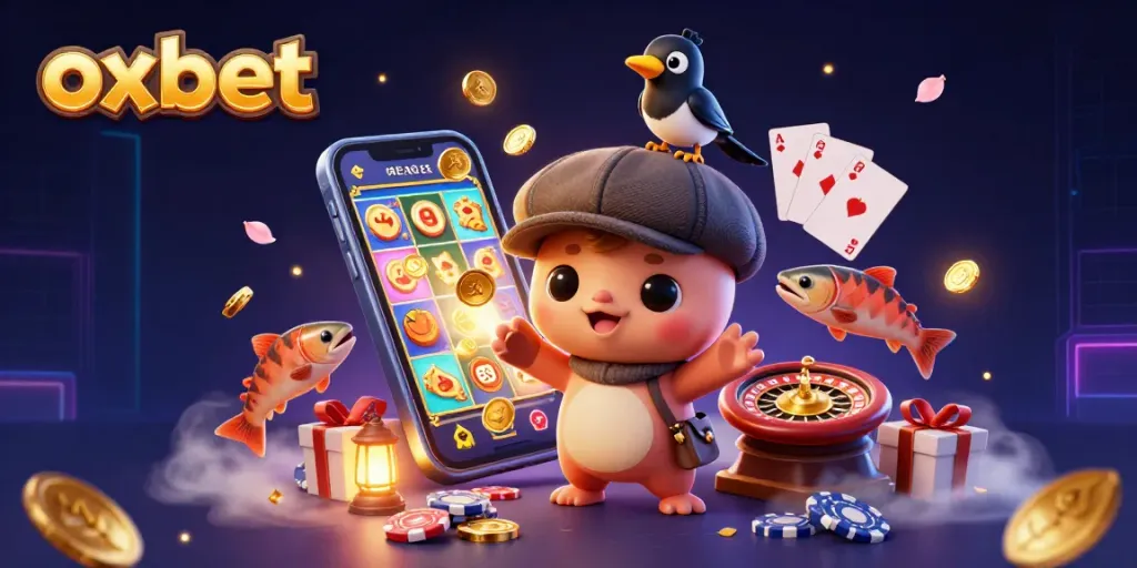 Spin to win with oxbet! A lively scene depicting cartoon characters amidst dynamic casino elements.