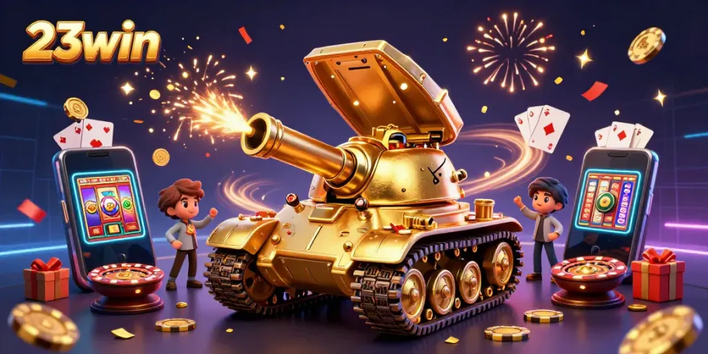 Experience thrilling action with 23win's dramatic casino-themed illustration featuring a golden beetle tank packed with games.