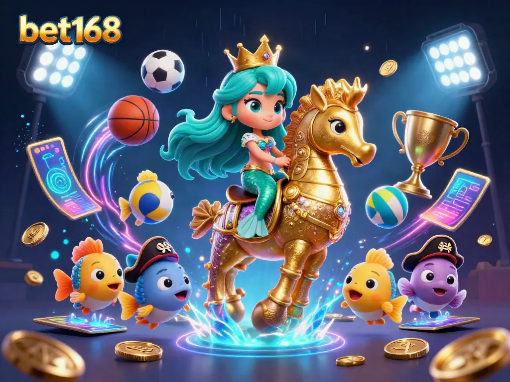 Bet168 offers a vibrant gaming atmosphere with a mermaid princess, seahorse, and dynamic sports elements.