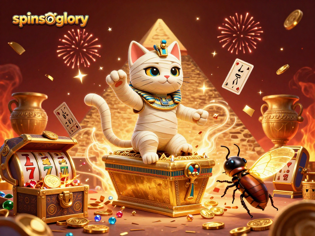 Experience the thrill of spinsofglory with a vibrant 3D casino scene featuring mummies and treasures.
