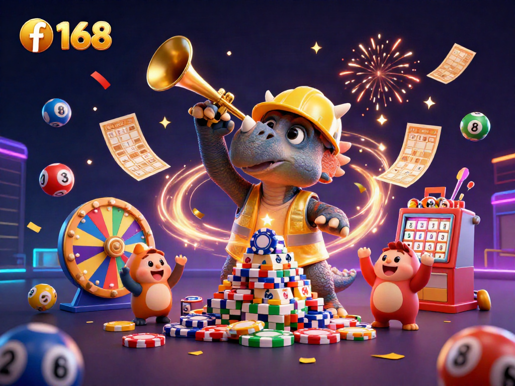 Join the fun with f 168 as a triceratops celebrates building poker chips with vibrant casino elements.