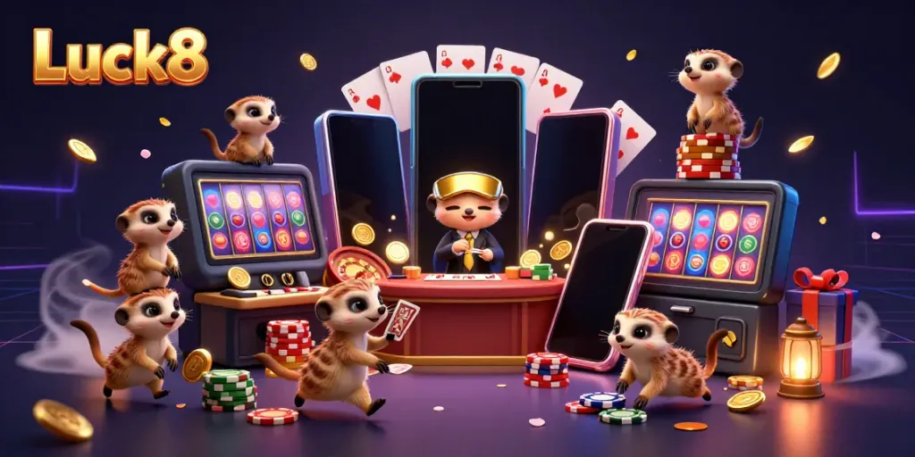 Luck8 meerkats running an elaborate casino with a colorful slot game, golden coins, and poker chips.