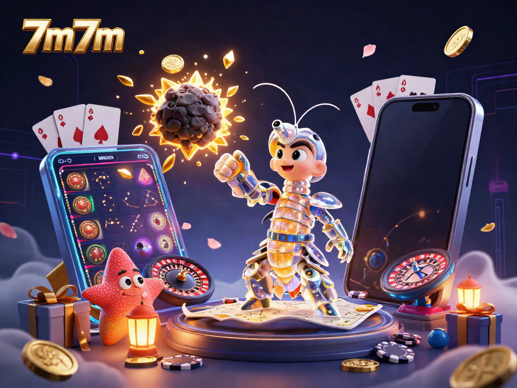 Engage with 7m7m, the lively scene of a mantis shrimp and starfish amidst casino game elements and gold coins.