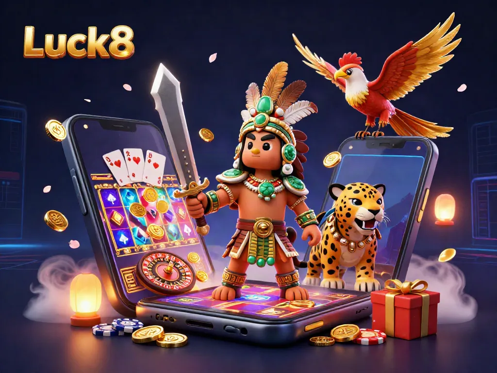 Engage in Luck8's vibrant gaming scene, featuring dynamic Aztec characters and exciting casino elements.