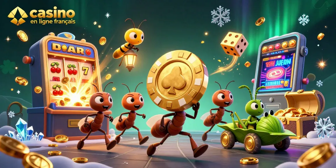 Illustration énergétique d'ants transportant une puce de poker dans un tunnel, représentant le casino en ligne français.