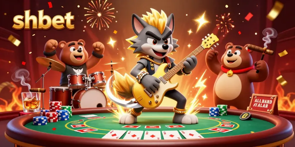 Experience shbet with an energetic casino scene featuring a rock star wolf and a drummer bear performing.