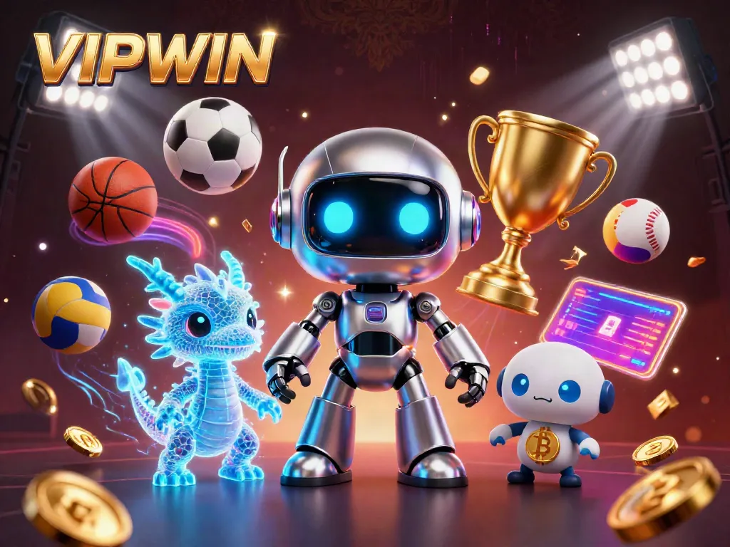 Experience dynamic sports betting excitement with VIPWIN's colorful 3D robot characters celebrating wins.
